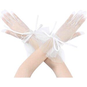 Women's White-1 Floral Tulle Pearl Long Sleeves Gloves Polka Point Evening
